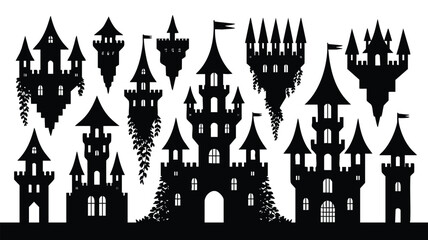 This image features a collection of black silhouette fantasy castles, perfect for various design projects
