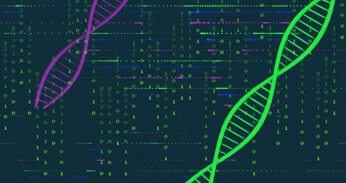 Neon green magenta DNA helices spinning across dark teal interface, streaming glowing binary code - Powered by Adobe