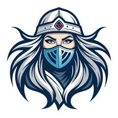 Create a detailed illustration of a spectral female warrior's head, showcasing flowing, ethereal long hair and a menacing mask.  Emphasis on detailed textures and ghostly luminescence.