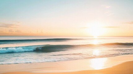 Fototapeta premium Serene Tropical Beach at Sunset with Gentle Waves and Abstract Sky Background