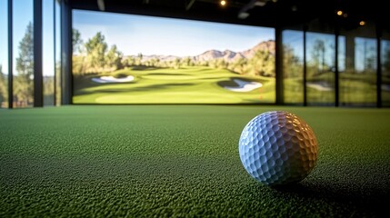 A golf ball on green artificial turf in an indoor simulated golf course with a large screen showing an outdoor landscape, surrounded by glass windows, trees, and ceiling lights.