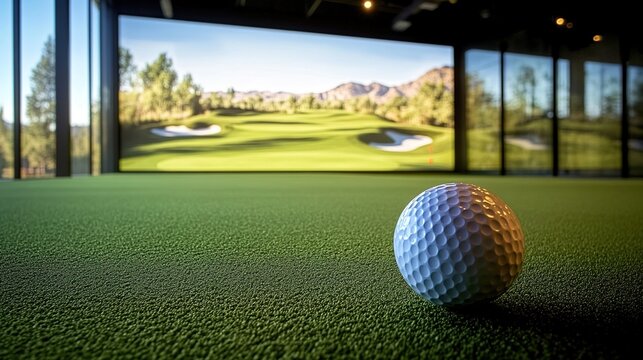 A golf ball on green artificial turf in an indoor simulated golf course with a large screen showing an outdoor landscape, surrounded by glass windows, trees, and ceiling lights.