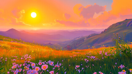 Obraz premium sunset view over lush rolling hills and grassland