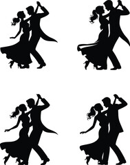 Obraz premium Elegant Dancing Couple Silhouette Vector Set – Man and Woman in Flowing Dance Pose on White Background