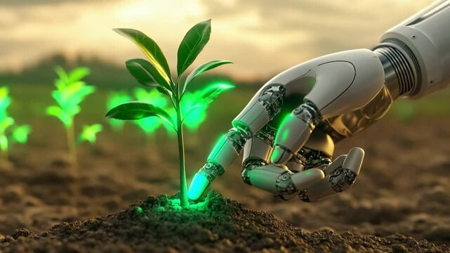 A robotic hand gently nurturing a small plant in the soil.


