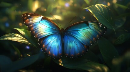 Dazzling blue morpho butterfly resting on a deep green leaf its vibrant iridescent wings reflecting the sunlight