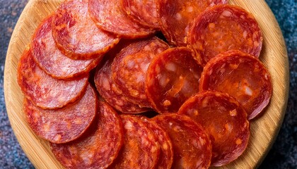 Fototapeta premium spanish pork chorizo sausage slices circle rotation close up