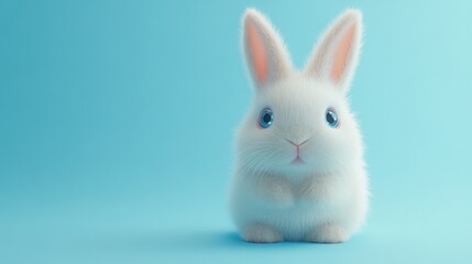Obraz premium Sweet white rabbit with bright eyes and small paws, against a light blue background 