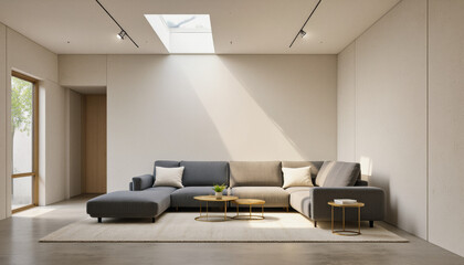 Modern interior design architecture photography: A modern, minimalist living room features a large sectional sofa, a textured rug, and a skylight illuminating the spacious interior with soft, natura