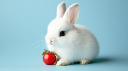 Fototapeta premium Sweet white rabbit with bright eyes and small paws, against a light blue background 