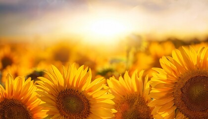 Fototapeta premium sunflowers warm summer yellow background with sunlight