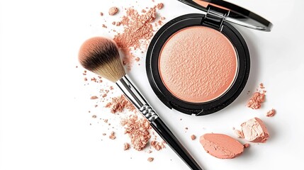 Makeup brush, compact powder, powder cap, and small brush on a white background.