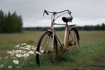 Fototapeta premium Rustic bicycle stands by wildflowers in a serene field on a cloudy day