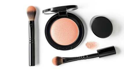 Makeup brush, compact powder, powder cap, and small brush on a white background.