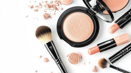Makeup brush, compact powder, powder cap, and small brush on a white background.