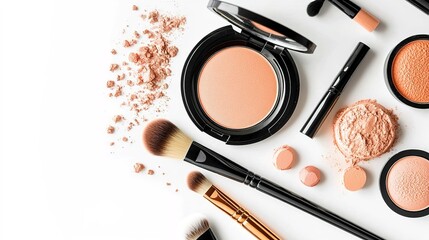 Makeup brush, compact powder, powder cap, and small brush on a white background.