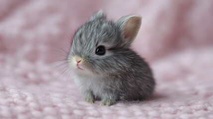 Naklejka premium Tiny baby bunny with gray fur, sitting on a pale turquoise minimalistic backdrop
