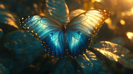Dazzling blue morpho butterfly resting on a deep green leaf its vibrant iridescent wings reflecting the sunlight