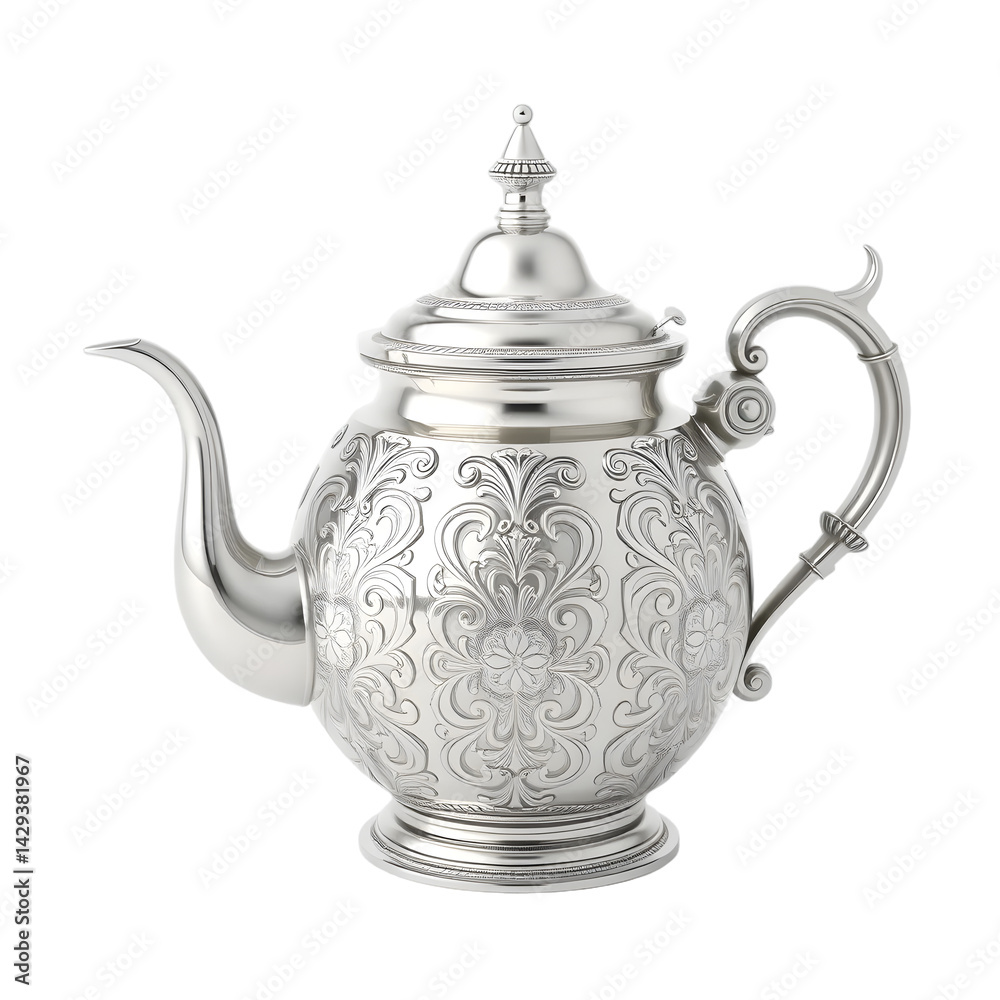 Leinwandbilder Elegant Silver Teapot, A Detailed 3d Rendering Showcasing Craftsmanship. Perfect For Serving Tea, This Isolated Object On A White Background Is Ideal For Culinary Or Design Projects. Use It To Add