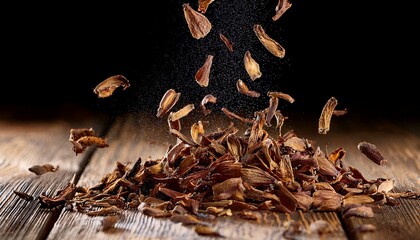 brown dried chicory root slices falling down close up