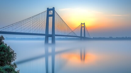 Obraz premium Majestic cable-stayed bridge spans a misty river at sunrise