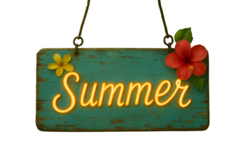 Tropical Summer Sign with Glowing Neon Text on Weathered Wooden Board Decorated with Hibiscus and Plumeria Flowers in a Lush Green Jungle Setting