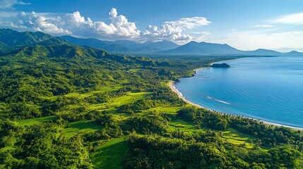 Exquisite coastal landscape with verdant hills meeting the azure sea under bright sky