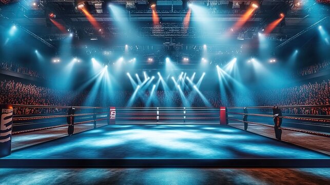 A boxing ring under bright stage lights in a crowded indoor stadium with audiences, red ropes, and blue flooring.