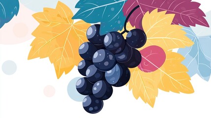 Obraz premium A grape cluster zoomed in, on a leafy vine against a crisp white backdrop, framed by a clear blue sky