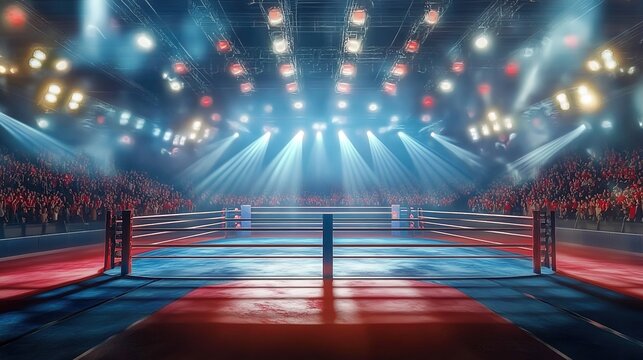 A boxing ring under bright stage lights in a crowded indoor stadium with audiences, red ropes, and blue flooring.