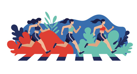 A dynamic illustration featuring three women in athletic wear, running or jogging against a stylized backdrop. This image captures the energy and movement of fitness and healthy lifestyle