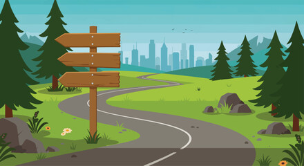 A scenic illustration featuring a winding road leading towards a distant cityscape, framed by lush greenery and a prominent wooden arrow sign