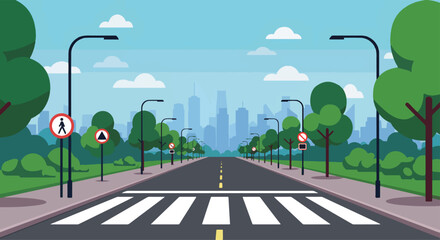 A vibrant illustration of a city street during the day. The road stretches into the distance, lined with trees and streetlights, leading towards a cityscape under a clear sky © meeblues