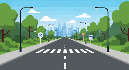 A vibrant illustration of a city street during the day. The road stretches into the distance, lined with trees and streetlights, leading towards a cityscape under a clear sky © meeblues