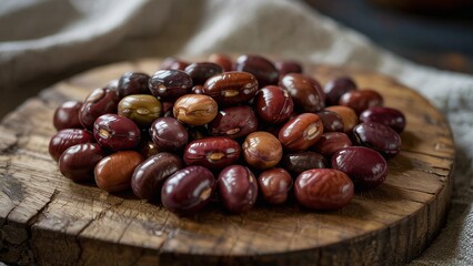 Obraz premium Extreme close-up of adzuki beans on a table, with a focus on their smooth texture and rich color.