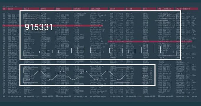 server monitoring interface showing log sections highlighted with overlaying number and waveform