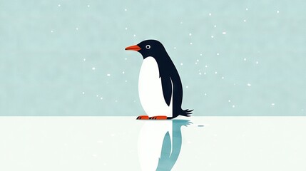   A snow-covered penguin perched atop water next to a snow-flaked ground