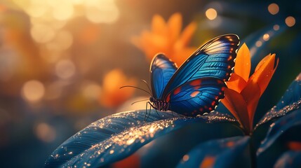 Dazzling blue morpho butterfly resting on a tropical leaf its iridescent wings shimmering under soft jungle light extreme macro wildlife photography