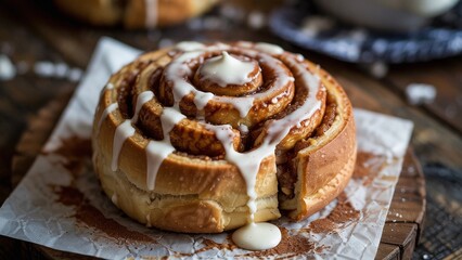 Extreme close-up of homemade cinnamon roll pastry with vanilla icing.