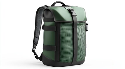Naklejka premium Graphic green backpack with clean, abstract lines and ergonomic design, perfect for travel, isolate on white background