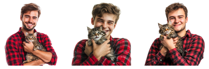 Set of boy in a plaid shirt holding a cat and smiling isolated on a transparent background