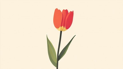   Red flower with green foliage and light green stem on white background