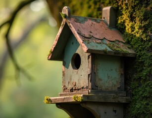 A vintage birdhouse with peeling paint and copper roof, set in a mossy elm tree. Generative AI
