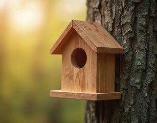 A minimalist birdhouse with clean lines, affixed to a sleek, modern cedar tree trunk. Generative AI