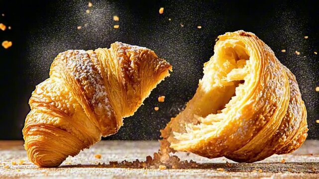 Close-up of a freshly broken croissant showcasing its flaky texture.

