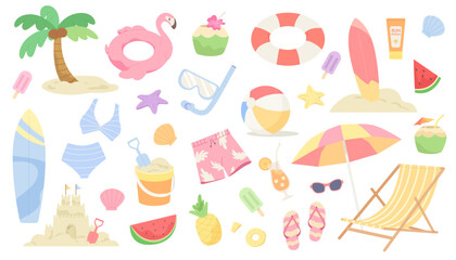 Set of Summer beach stuffs for travel at vacation isolated on white background. Concept of holiday, summer vibe, sea tourist objects, beach party elements, tropical vacation. Flat vector illustration.
