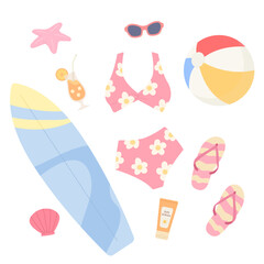 Set of women's items for summer vacation ; swimsuit, surfboard, sunglasses, beach ball, sandals, orange juice and sun screen. Concept of holiday, summer vibe, beach party. Flat vector illustration.