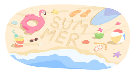 Summer vibe banner with sand, sea, beach element and word 