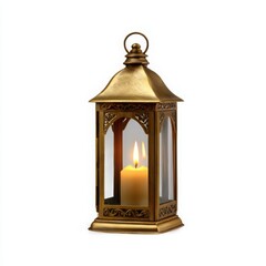A decorative, golden lantern glows with a warm candle flame isolated on white background 