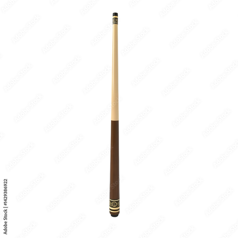Poster detailed pool cue, classic design. close up view of a wooden cue stick, crafted with a textured wrap